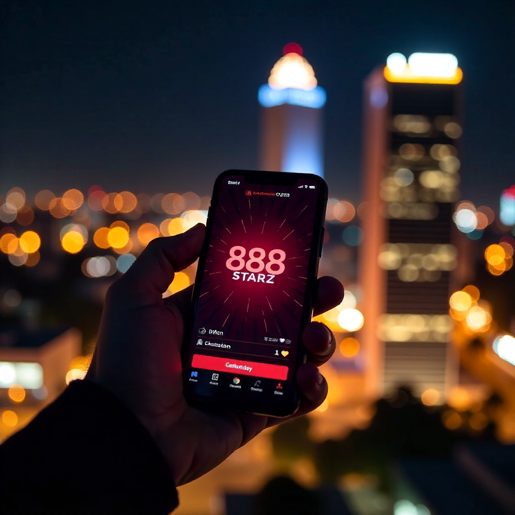 888starz Uzbekistan rasmiy ilovasi koʻrsatilgan smartfon, Toshkent shahri kechki manzarasi fonida, ilovani Android va iOS uchun yuklab olish va tikishni boshlash imkoniyati